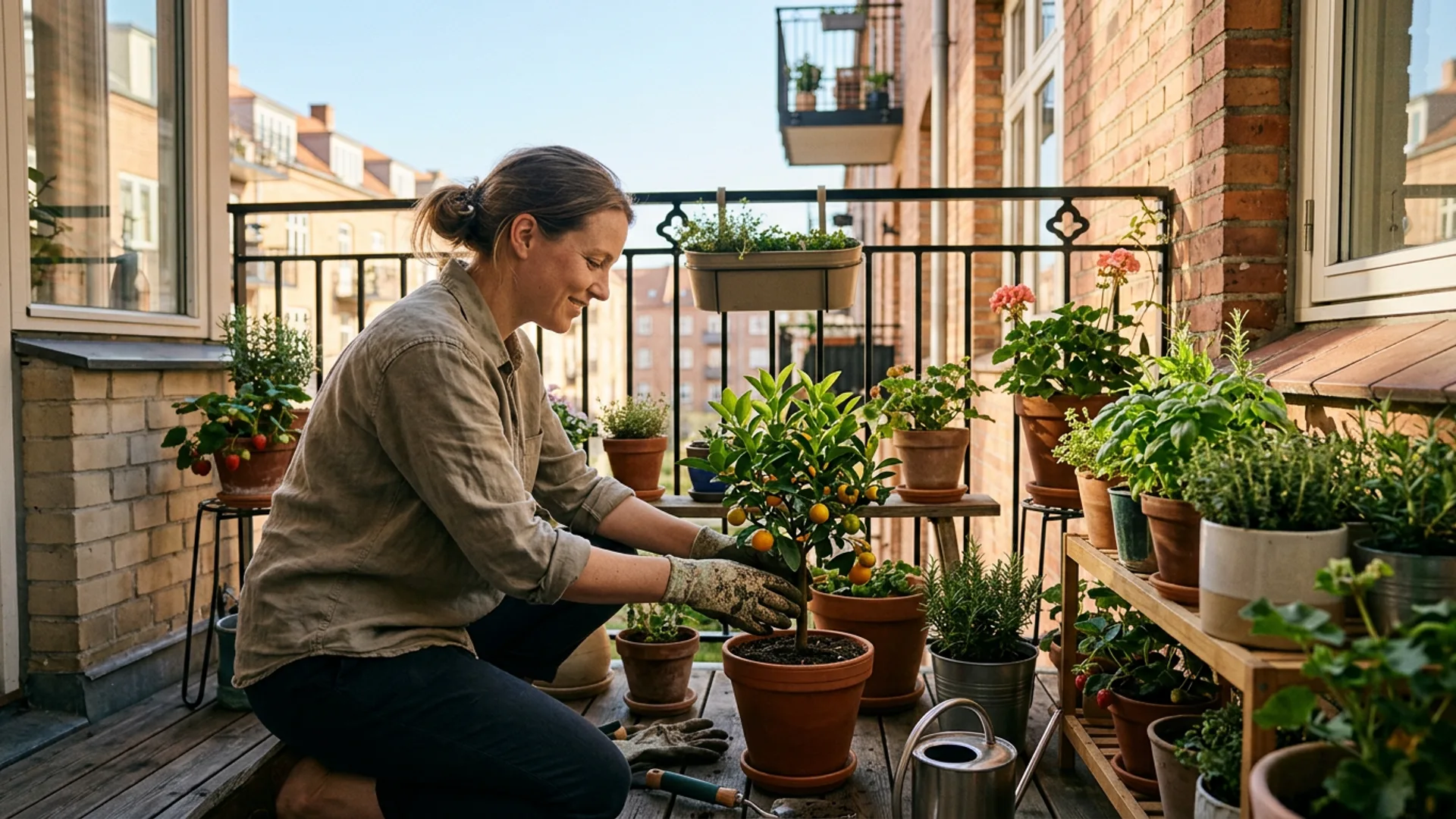 A homeowner tending a container garden on a small patio